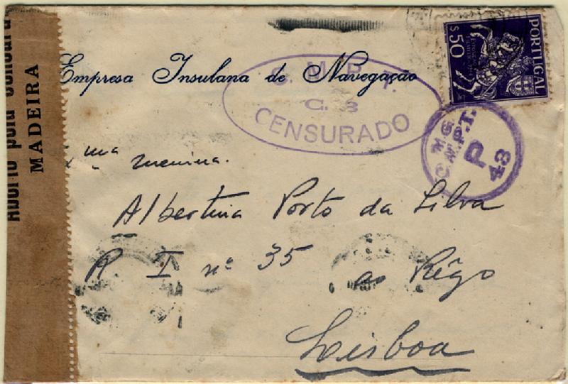 24Lis1102.jpg -     Lote:    1102                   Descrição:         2.ª Guerra Mundial. Censuras. Madeira. Sobrescrito circulado do Funchal para Lisboa (08.10.44) com selo de $50 CE637, censurado com cinta castanha impressa "ABERTO PELA CENSURA / MADEIRA" + carimbo oval de censura "C.M.P.T. / C. 3 / CENSURADO" + carimbo circular "M.G. / C.M.P.T. / P / 43".        Carta       Valor Base:     &euro; 10,00     Valor Venda:     &euro; 10,00     