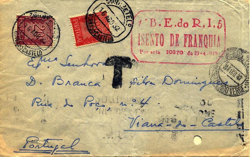 24Lis1104.jpg -     Lote:    1104                   Descrição:         2.ª Guerra Mundial. Isentos de franquia. Sobrescrito circulado de S. Vicente (04.08.43) para Viana do Castelo (14.08.43), porteado indevidamente por falta de franquia. Carimbo batido a vermelho "1.º B. E. do R. I. 5 / ISENTO DE FRANQUIA / PORTARIA 10370 de 19-4-943". Furo de arquivo. MB e MR.        Carta       Valor Base:     &euro; 75,00     Valor Venda:     &euro; 75,00     