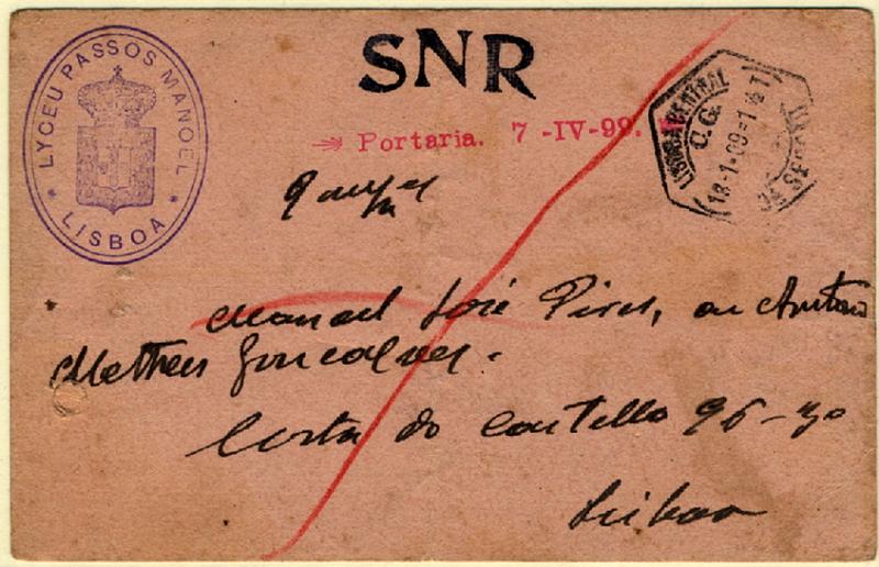 24Lis1105.jpg -     Lote:    1105                   Descrição:         Isentos de franquia. Lyceu Passos Manuel. Postal ilustrado circulado isento de franquia em Lisboa (13.01.09). Legenda impressa "SNR" e carimbo batido a vermelho "PORTARIA 7-IV-99".        PI       Valor Base:     &euro; 6,00     Valor Venda:     &euro; 6,00     