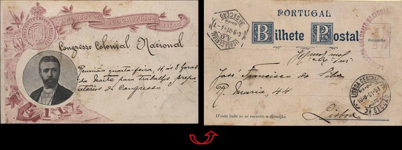 24Lis1106.jpg -     Lote:    1106                   Descrição:         1901 &mdash; Isentos de Franquia. Congresso Colonial Nacional * Sociedade de Geografia de Lisboa. Postal ilustrado editado pela SGL, circulado isento de franquia em Lisboa (10.09.01). Carimbo batido a violeta "CONGRESSO COLONIAL NACIONAL / LISBOA". B e MR.        PI       Valor Base:     &euro; 25,00     Valor Venda:     Retirado     