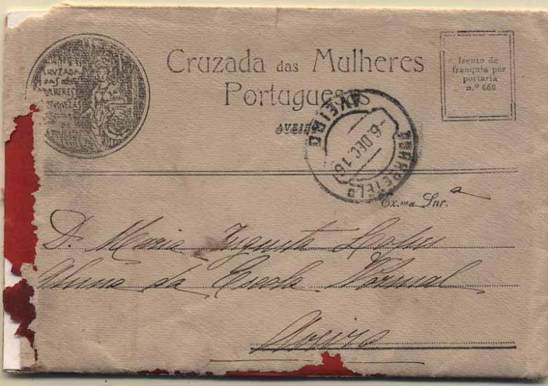 24Lis1107.jpg -     Lote:    1107                   Descrição:         1916 &mdash; Cruzada das Mulheres Portuguesas. Sobrescritos isentos de franquia. OM CMP1, preto. Sobrescrito circulado em Aveiro (06.12.1916), com a inscrição Cruzada das Mulheres Portuguesas / AVEIRO, e com a carta timbrada da Instituição. Não catalogada por OM. Sobrescrito com defeitos porém de grande raridade.        IC       Valor Base:     &euro; 50,00     Valor Venda:     &euro; 60,00     