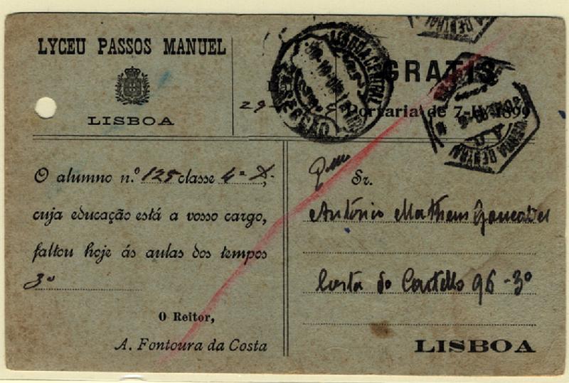 24Lis1108.jpg -     Lote:    1108                   Descrição:         Isentos de franquia. Lyceu Passos Manuel. Postal ilustrado circulado em Lisboa (30.10.08). Isenção de franquia impressa "GRATIS / PORTARIA DE 7-IV-1899". Furo de arquivo.        PI       Valor Base:     &euro; 5,00     Valor Venda:     Retirado     
