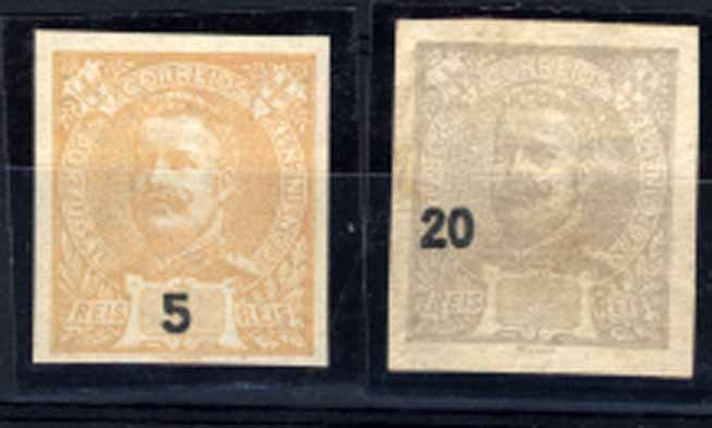 24Lis1112.jpg -     Lote:    1112            Portugal       Descrição:         1895 &mdash; D. Carlos I Mouchon. Lote de duas provas; uma de 5 reis amarelo, não denteada e outra de 20 reis cinzento, não denteada com o valor deslocado.        PRV       Valor Base:     &euro; 8,00     Valor Venda:     Retirado     