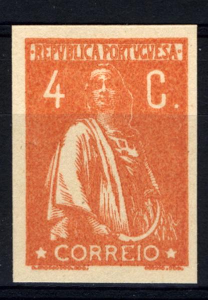 24Lis1131.jpg -     Lote:    1131            Portugal       Descrição:         1926 &mdash; Ceres. Prova não denteada em cartolina, do selo de 4c na cor laranja. OM1588. MB.        PRV       Valor Base:     &euro; 10,00     Valor Venda:     &euro; 10,00     