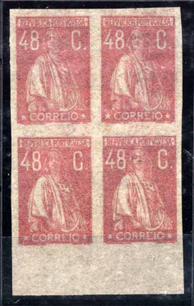 24Lis1142.jpg -     Lote:    1142            Portugal       Descrição:         1924/26 &mdash; Ceres. Novas taxas e cores. Quadra de provas de 48C em carmim rosa, não denteadas, em papel seda transparente, sem goma. Cor aprovada. MB.        PRV       Valor Base:     &euro; 20,00     Valor Venda:     &euro; 20,00     