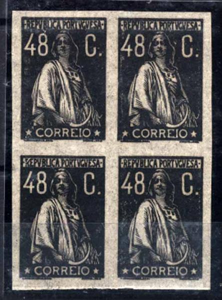 24Lis1143.jpg -     Lote:    1143            Portugal       Descrição:         1924/26 &mdash; Ceres. Novas taxas e cores. Quadra de provas de 48C em preto, não denteadas, em papel seda transparente, sem goma. Cor não aprovada. MB.        PRV       Valor Base:     &euro; 20,00     Valor Venda:     &euro; 20,00     