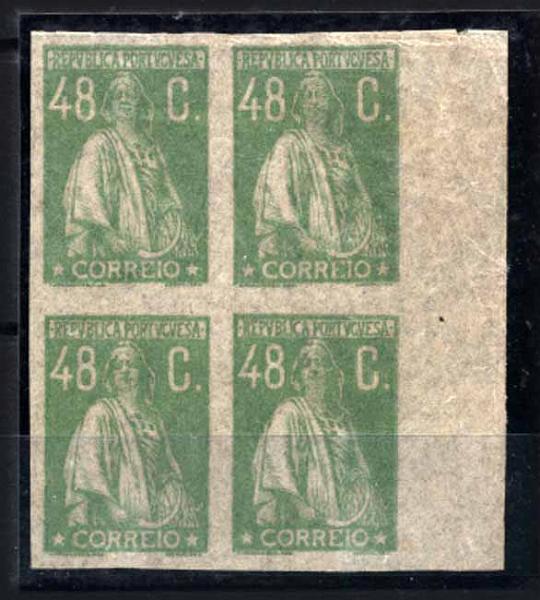 24Lis1145.jpg -     Lote:    1145            Portugal       Descrição:         1924/26 &mdash; Ceres. Novas taxas e cores. Quadra de provas de 48C em verde esmeralda, não denteadas, em papel seda transparente, sem goma. Cor não aprovada. MB.        PRV       Valor Base:     &euro; 20,00     Valor Venda:     &euro; 20,00     