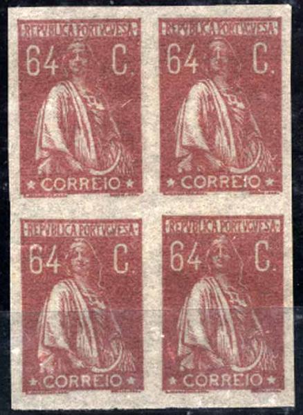24Lis1149.jpg -     Lote:    1149            Portugal       Descrição:         1924/26 &mdash; Ceres. Novas taxas e cores. Quadra de provas de 64C em carmim rosa, não denteadas, em papel seda transparente, sem goma. Cor não aprovada. MB.        PRV       Valor Base:     &euro; 20,00     Valor Venda:     &euro; 20,00     