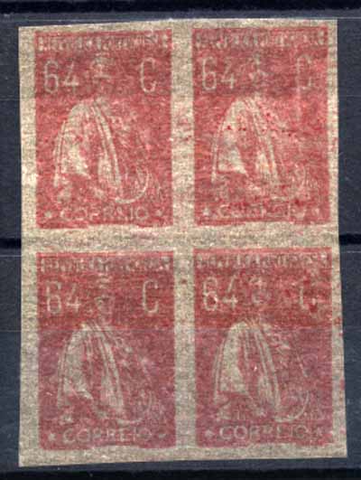 24Lis1150.jpg -     Lote:    1150            Portugal       Descrição:         1924/26 &mdash; Ceres. Novas taxas e cores. Quadra de provas de 64C em carmim rosa, não denteadas, em papel cebola, sem goma. Cor não aprovada. MB.        PRV       Valor Base:     &euro; 20,00     Valor Venda:     Retirado     