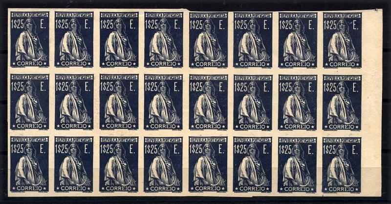24Lis1152.jpg -     Lote:    1152            Portugal       Descrição:         1930 &mdash; Ceres. Gravura retocada. CE510, 1$25 azul escuro. Bloco de 24 provas não denteadas em papel branco liso e espesso, sem goma. MB e R.        PRV       Valor Base:     &euro; 75,00     Valor Venda:     &euro; 75,00     