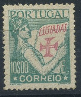 24Lis1154.jpg -     Lote:    1154            Portugal       Descrição:         1926/31 &mdash; Tipo Lusíadas. Prova denteada de 10$00 verde azul claro e carmim (não aprovadas). OM1834.        PRV       Valor Base:     &euro; 8,00     Valor Venda:     &euro; 12,00     