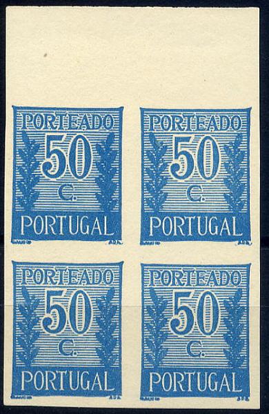 24Lis1165.jpg -     Lote:    1165            Portugal       Descrição:         1940 &mdash; Porteado * Tipo "Algarismo ladeado de ramos". CE POR59, $50 azul claro (cor final). Quadra de provas não denteadas, bordo superior de folha, não gomadas, em papel liso médio.        PRV       Valor Base:     &euro; 10,00     Valor Venda:     Retirado     