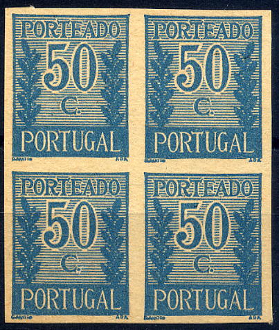 24Lis1167.jpg -     Lote:    1167            Portugal       Descrição:         1940 &mdash; Porteado * Tipo "Algarismo ladeado de ramos". CE POR59, $50 violeta azul. Quadra de provas não denteadas, sem goma, em papel fino amarelado. OM214.        PRV       Valor Base:     &euro; 10,00     Valor Venda:     Retirado     