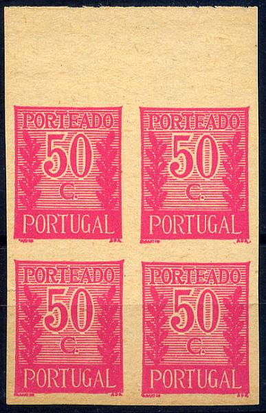 24Lis1168.jpg -     Lote:    1168            Portugal       Descrição:         1940 &mdash; Porteado * Tipo "Algarismo ladeado de ramos". CE POR59, $50 lilás vermelho. Quadra de provas não denteadas, bordo superior de folha, não gomadas, em papel fino amarelado. OM213.        PRV       Valor Base:     &euro; 10,00     Valor Venda:     Retirado     