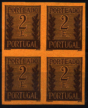 24Lis1170.jpg -     Lote:    1170            Portugal       Descrição:         1940 &mdash; Porteado * Tipo "Algarismo ladeado de ramos". CE POR63, 2$00 castanho s/ salmão. Quadra de provas não denteadas, não gomadas, em papel médio. Não catalogadas por OM.        PRV       Valor Base:     &euro; 10,00     Valor Venda:     Retirado     