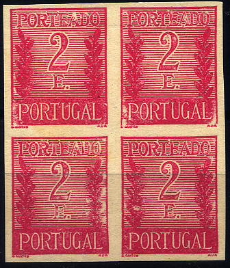 24Lis1171.jpg -     Lote:    1171            Portugal       Descrição:         1940 &mdash; Porteado * Tipo "Algarismo ladeado de ramos". CE POR63, 2$00 carmim. Quadra de provas não denteadas, não gomadas, em papel médio amarelado. Não catalogadas por OM.        PRV       Valor Base:     &euro; 10,00     Valor Venda:     Retirado     