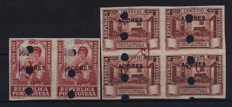 24Lis1172.jpg -     Lote:    1172            Açores       Descrição:         1925 &mdash; Centenário do Nascimento de Camilo Castelo Branco. Selos do Continente som sobrecarga AÇORES a preto. Lote composto por quadra e par não denteados, com furos de segurança da casa impressora. Par com impressão da taxa de 96C na cor carmim e quadra sem impressão da taxa em castanho vermelho.        PRV       Valor Base:     &euro; 12,00     Valor Venda:     &euro; 30,00     