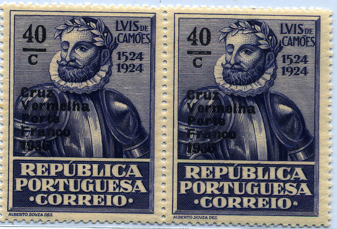 24Lis1177.jpg -     Lote:    1177      Atenção! Pertence a "Erros e Falsos"      Angola       Descrição:         1936 &mdash; Privativos. Cruz Vermelha Portuguesa. Selos do 4.º Centenário do Nascimento de Luís de Camões com sobrecarga. CE CVP60, 40 ctvs ultramar. Par horizontal com a sobrecarga impressa a preto em vez de vermelho.        ***       Valor Base:     &euro; 6,00     Valor Venda:     &euro; 14,00     