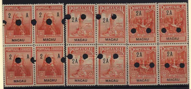 24Lis1186.jpg -     Lote:    1186            Macau       Descrição:         1925 &mdash; Monumento ao Marquês de Pombal. Lote de 3 quadras de provas de 2 avos (Efígie, Plano e Monumento), denteadas, com furos de segurança da casa impressora, emitidas para Macau, na cor laranja.        PRV       Valor Base:     &euro; 20,00     Valor Venda:     &euro; 38,00     