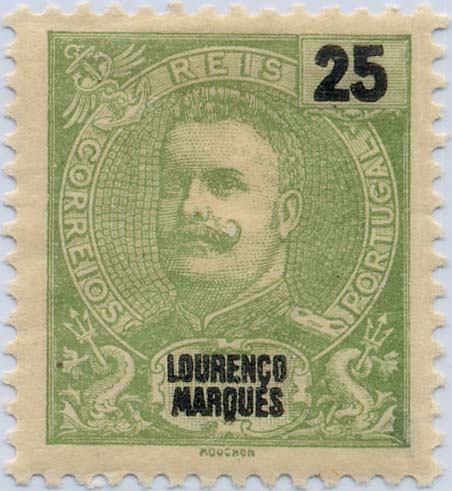 24Lis1196.jpg -     Lote:    1196            Lourenço Marques       Descrição:         1898/1901 &mdash; D. Carlos I. CE37, 25 reis. Prova denteada em verde amarelo. MB e R.        **       Valor Base:     &euro; 10,00     Valor Venda:     &euro; 10,00     