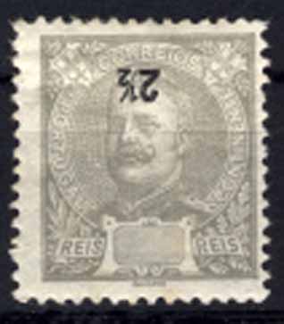 24Lis1198.jpg -     Lote:    1198            Portugal       Descrição:         1895/96 &mdash; D. Carlos I tipo Mouchon. CE126, 2 &frac12; reis cinzento. Selo com a taxa invertida.        **       Valor Base:     &euro; 10,00     Valor Venda:     Retirado     