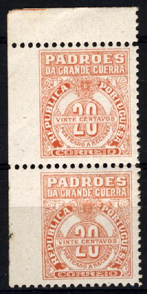 24Lis1205.jpg -     Lote:    1205            Portugal       Descrição:         1925 &mdash; Padrões da Grande Guerra. Imposto Postal / Porteado. CE IPP1, 20c laranja. Par vertical canto esquerdo de folha, sem denteado no bordo esquerdo. B e R.        ***       Valor Base:     &euro; 5,00     Valor Venda:     &euro; 12,00     