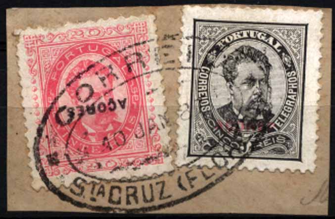 24Lis1211.jpg -     Lote:    1211            Açores       Descrição:         1884/87 &mdash; D. Luís I. De frente. Selos do Continente com sobrecarga AÇORES. Fragmento com selos de 5 reis preto + selo de 20 reis rosa, ambos em papel porcelana, denteado 11 &frac12; CE52 e 54. Selo de 20 reis com a sobrecarga INVERTIDA.         FRG       Valor Base:     &euro; 50,00     Valor Venda:     &euro; 50,00     