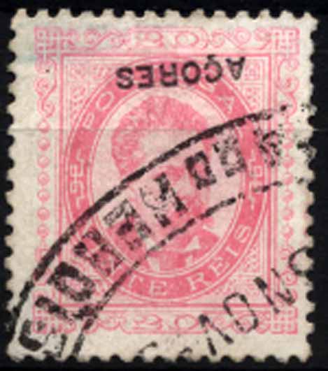 24Lis1212.jpg -     Lote:    1212            Açores       Descrição:         1884/87 &mdash; D. Luís I. De frente. Selos do Continente com sobrecarga AÇORES. CE54, 20 reis em denteado 11 &frac12;, papel porcelana CE54. Selo com a sobrecarga invertida.        O       Valor Base:     &euro; 25,00     Valor Venda:     &euro; 25,00     