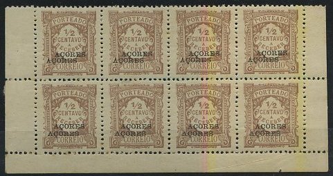 24Lis1217.jpg -     Lote:    1217            Açores       Descrição:         1918 &mdash; Porteado. Emissão regular, tipo 1904. Valor em centavos. Selos do Continente com sobrecarga "AÇORES". CE POR15, castanho claro. Bloco de 8 selo, fundo de folha, com dupla sobrecarga.        ***/**       Valor Base:     &euro; 8,00     Valor Venda:     Retirado     