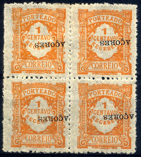 24Lis1218.jpg -     Lote:    1218            Açores       Descrição:         1918 &mdash; Porteado. Emissão regular (tipo de 1904). Valor em centavos. Selos do Continente com sobrecarga AÇORES. CE POR16. 1c laranja. Quadra com a sobrecarga invertida.        **       Valor Base:     &euro; 6,00     Valor Venda:     &euro; 6,00     