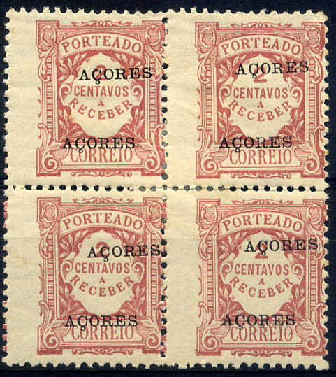 24Lis1219.jpg -     Lote:    1219            Açores       Descrição:         1918 &mdash; Porteado. Emissão regular (tipo de 1904). Valor em centavos. Selos do Continente com sobrecarga AÇORES. CE POR17. 2c lilás vermelho. Quadra com dupla sobrecarga.        **       Valor Base:     &euro; 6,00     Valor Venda:     &euro; 6,00     