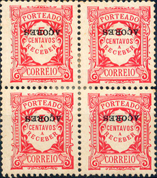 24Lis1222.jpg -     Lote:    1222            Açores       Descrição:         1918 &mdash; Porteado. Emissão regular (tipo de 1904). Valor em centavos. Selos do Continente com sobrecarga AÇORES. CE POR20. 5c carmim rosa. Quadra com a sobrecarga invertida.        **       Valor Base:     &euro; 8,00     Valor Venda:     &euro; 14,00     