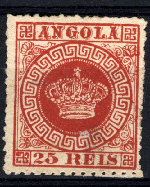 24Lis1223.jpg -     Lote:    1223            Angola       Descrição:         1870 &mdash; Tipo Coroa. CE4, 25 reis carmim. Falso de autor desconhecido. Raro.        *       Valor Base:     &euro; 15,00     Valor Venda:     &euro; 34,00     