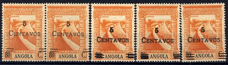 24Lis1226.jpg -     Lote:    1226            Angola       Descrição:         1945/46 &mdash; Império Colonial Português, com sobretaxa. CE286, 5c s/ 80c amarelo laranja. Lote composto por: Par com os traços deslocados + 3 selos com duplas e triplas impressões dos traços. MB.        ***       Valor Base:     &euro; 6,00     Valor Venda:     &euro; 12,00     