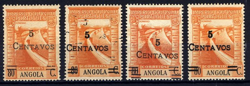 24Lis1227.jpg -     Lote:    1227            Angola       Descrição:         1945/46 &mdash; Império Colonial Português, com sobretaxa. CE286, 5c s/ 80c amarelo laranja. Lote composto por: Selo com impressão dos traços deslocada, outro com vestígios de dupla impressão da sobretaxa, outro com dupla impressão dos traços e outro com dupla impressão da sobretaxa e traços.        ***       Valor Base:     &euro; 8,00     Valor Venda:     &euro; 16,00     