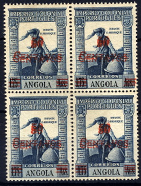24Lis1229.jpg -     Lote:    1229            Angola       Descrição:         1945/46 &mdash; Império Colonial Português, com sobretaxa. CE287, 50c s/ 1,75Ag azul, sobretaxa a vermelho. Quadra com dupla sobretaxa. MB e R.        ***       Valor Base:     &euro; 10,00     Valor Venda:     &euro; 14,00     