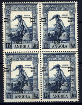 24Lis1232.jpg -     Lote:    1232            Angola       Descrição:         1945/46 &mdash; Império Colonial Português, com sobretaxa. CE289, 50c s/ 1,75Ag azul, sobretaxa em preto. Quadra com sobretaxa invertida. MB e R.        ***       Valor Base:     &euro; 10,00     Valor Venda:     &euro; 18,00     