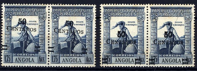 24Lis1233.jpg -     Lote:    1233            Angola       Descrição:         1945/46 &mdash; Império Colonial Português, com sobretaxa. CE289, 50c s/ 1,75Ag azul, sobretaxa em preto. Lote composto por: Par com sobretaxa deslocada + par com dupla impressão da taxa. MB.        ***       Valor Base:     &euro; 5,00     Valor Venda:     &euro; 16,00     