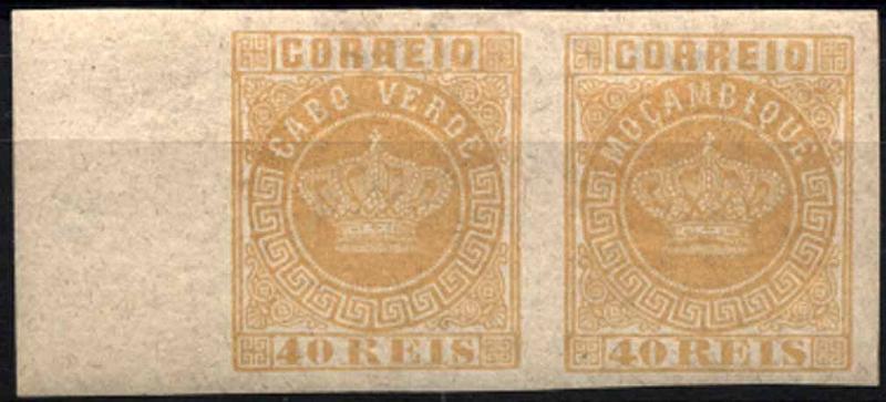 24Lis1237.jpg -     Lote:    1237            Cabo Verde       Descrição:         1881/85 &mdash; Tipo Coroa. CE13, 40 reis amarelo. Par horizontal não denteado com selo de 40 reis de Moçambique montado por engano na chapa de Cabo Verde.        ***       Valor Base:     &euro; 50,00     Valor Venda:     Retirado     