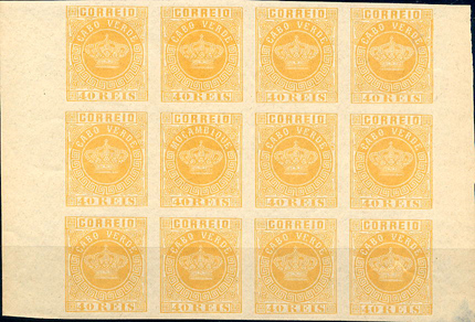 24Lis1238.jpg -     Lote:    1238            Cabo Verde       Descrição:         1881/85 &mdash; Tipo Coroa. Novas cores. CE13, 40 reis amarelo. Bloco de 12 selos não denteados. Selo com erro Moçambique. Na chapa que imprimiu os selos de 40 reis, montou-se por engano um cunho de 40 reis de Moçambique, na 5.ª linha da 2.ª coluna. MB e MR.        ***       Valor Base:     &euro; 75,00     Valor Venda:     Retirado     