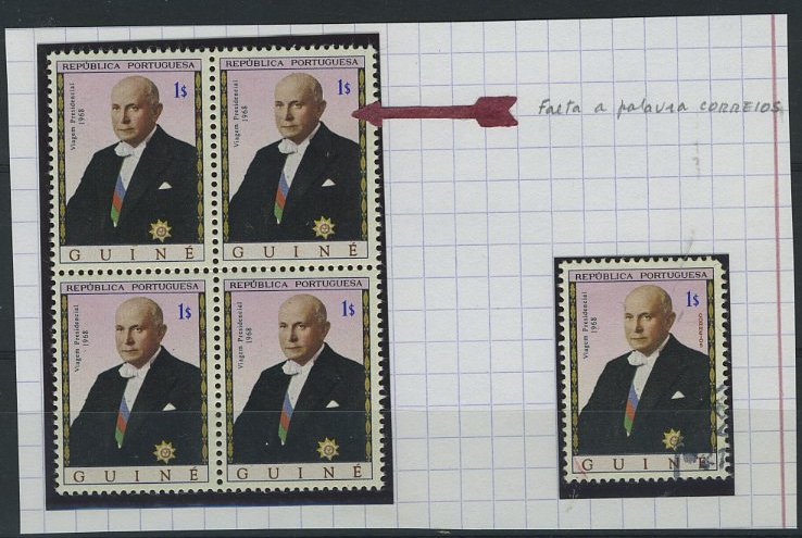 24Lis1240.jpg -     Lote:    1240            Guiné       Descrição:         1968 &mdash; Viagem Presidencial. CE323, 1$00. Quadra sem impressão da palavra CORREIOS.        ***       Valor Base:     &euro; 190,00     Valor Venda:     &euro; 190,00     