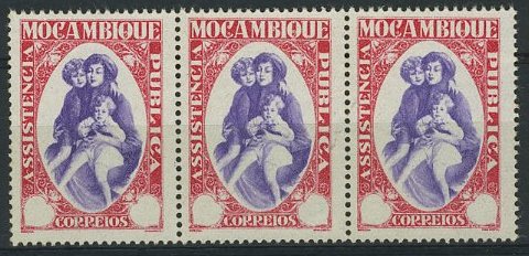 24Lis1247.jpg -     Lote:    1247            Moçambique       Descrição:         1929 &mdash; Imposto Postal. Assistência Pública. CE IP35. Tira horizontal de 3 selos em carmim e violeta com omissão do valor. Não catalogada.         *       Valor Base:     &euro; 30,00     Valor Venda:     &euro; 30,00     