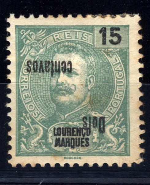 24Lis1250.jpg -     Lote:    1250            Lourenço Marques       Descrição:         1915 &mdash; D. Carlos I, com sobretaxa. CE145, 2c s/ 15 reis verde. Selo com sobretaxa invertida. Valor de catálogo &euro; 20,00.        *       Valor Base:     &euro; 10,00     Valor Venda:     &euro; 26,00     