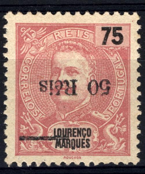 24Lis1251.jpg -     Lote:    1251            Lourenço Marques       Descrição:         1899 &mdash; D. Carlos I Mouchon, com sobretaxa. CE51, 50 reis s/ 75 reis carmim. Selo com a sobretaxa invertida.        *       Valor Base:     &euro; 15,00     Valor Venda:     &euro; 34,00     