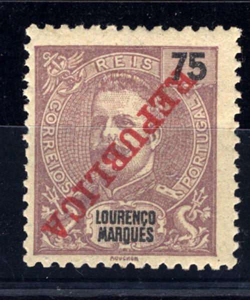 24Lis1257.jpg -     Lote:    1257            Lourenço Marques       Descrição:         1911 &mdash; D. Carlos I, com sobrecarga Republica da Casa da Moeda. CE85, 75 reis violeta castanho. Selo com sobrecarga invertida. MB e R.        **       Valor Base:     &euro; 10,00     Valor Venda:     &euro; 48,00     