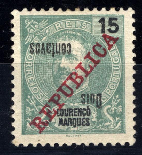 24Lis1258.jpg -     Lote:    1258            Lourenço Marques       Descrição:         1915 &mdash; D. Carlos I, com sobretaxa. CE146, 2c s/ 15 reis verde. Selo com sobretaxa invertida. Valor de catálogo &euro; 20,00.        *       Valor Base:     &euro; 10,00     Valor Venda:     &euro; 85,00     