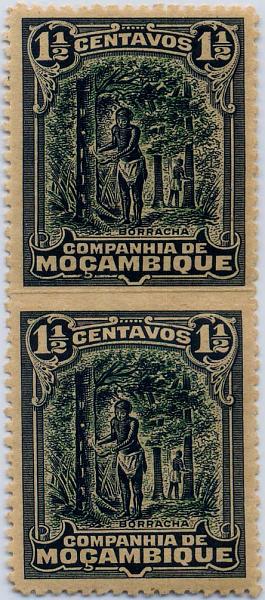 24Lis1262.jpg -     Lote:    1262            Companhia de Moçambique       Descrição:         1918 &mdash; Motivos locais. CE120, 1 &frac12; c. ardósia e verde, denteado 14. Par vertical, com falta de denteado horizontal, entre os selos.        ***       Valor Base:     &euro; 6,00     Valor Venda:     &euro; 26,00     