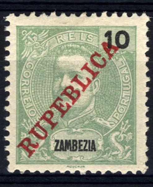 24Lis1266.jpg -     Lote:    1266            Zambézia       Descrição:         1911 &mdash; D. Carlos I Mouchon, com sobrecarga REPUBLICA da Casa da Moeda. CE57, 10 reis verde, com erro na sobrecarga "RUPEBLICA".        **       Valor Base:     &euro; 10,00     Valor Venda:     &euro; 32,00     