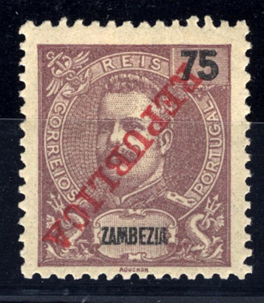 24Lis1270.jpg -     Lote:    1270            Zambézia       Descrição:         1911 &mdash; D. Carlos I, com sobrecarga Republica da Casa da Moeda. CE62, 75 reis violeta castanho. Selo com sobrecarga invertida. MB e R.        **       Valor Base:     &euro; 10,00     Valor Venda:     &euro; 36,00     