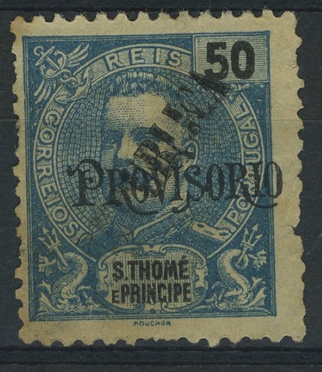 24Lis1272.jpg -     Lote:    1272            S. Tomé e Príncipe       Descrição:         1913 &mdash; D. Carlos I Mouchon com sobrecarga REPUBLICA local sobre selos de 1902. CE138, 50 reis azul. Impressão parcial da sobrecarga.        *       Valor Base:     &euro; 8,00     Valor Venda:     &euro; 8,00     
